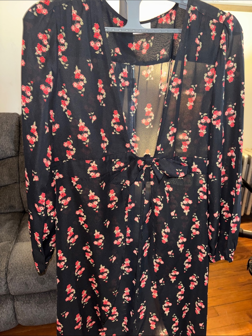 Black Floral Long Kimono with Tie Front